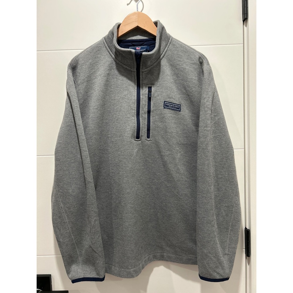 Vineyard Vines Mens Heather Gray Quarter Zip Fleece Pullover Sweater Navy Trim